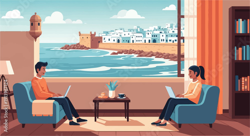 Two people work on laptops in armchairs overlooking a coastal town