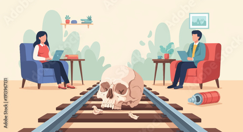 Two people work on laptops in armchairs, separated by a skull on train tracks