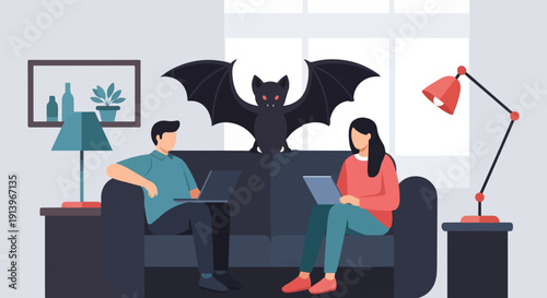 Two people work on laptops with a bat perched behind them