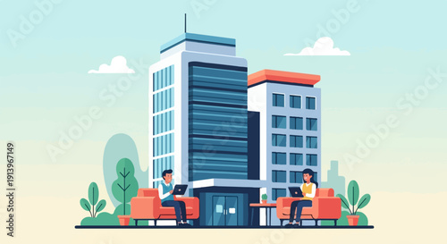 Two people work on laptops in chairs outside modern office buildings