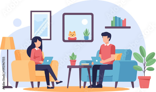 Two people work on laptops in comfortable armchairs in a bright, stylized room