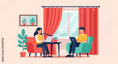 Two people work on laptops in comfortable chairs at home, near a window