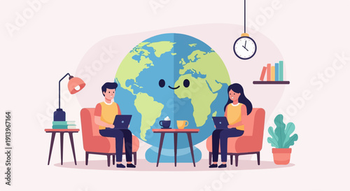 Two people work on laptops with a giant friendly globe behind them