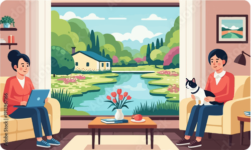 Two people relaxing indoors with a scenic view of nature and a river