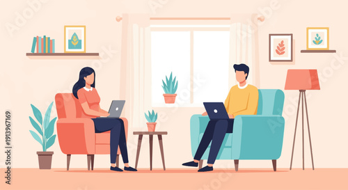 Two people work on laptops in comfortable armchairs in a cozy room