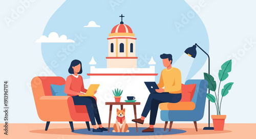 Two people work on laptops with a dog nearby, a building in background