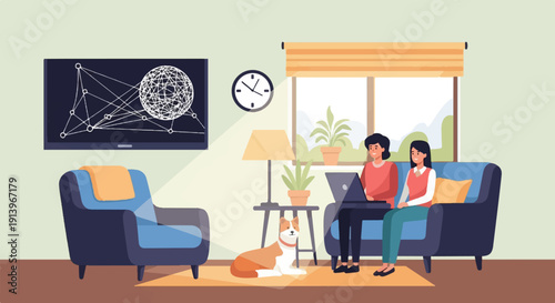 Two people work on laptops with a dog nearby in a cozy living room