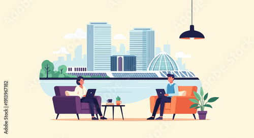 Two people work on laptops in comfortable chairs, city skyline background