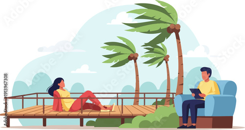 Two people relaxing on a deck with palm trees and a cloudy sky