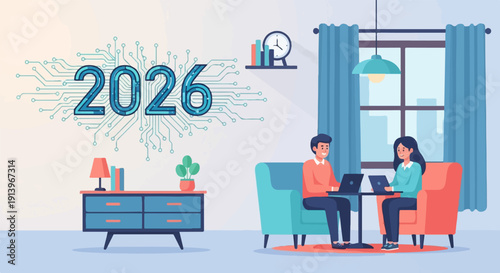 Two people work remotely in a living room with a digital circuit background