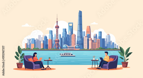 Two people work remotely in comfortable chairs by a waterfront with a city skyline