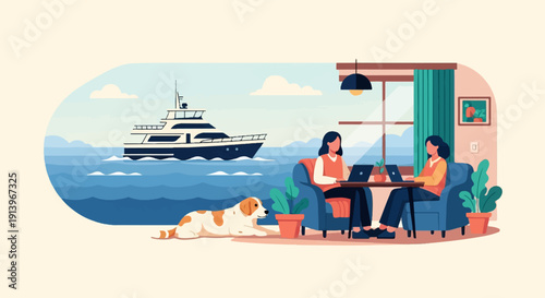 Two people work remotely indoors near a dog as a yacht sails by