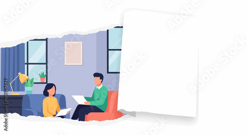 Two people sitting on furniture, looking at papers, in a room with a ripped edge