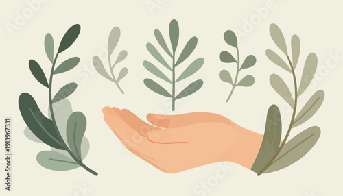 Flat lay of an open hand cradling various green leaves against a pale background with a natural and calming mood.