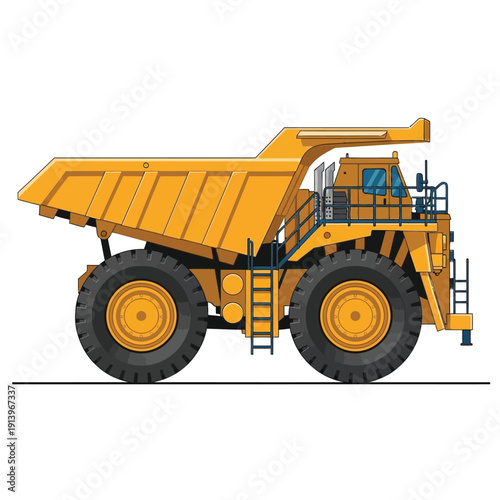 A massive yellow mining dump truck stands ready for work in an illustration, symbolizing heavy industry and large-scale excavation operations