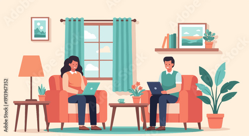 Two people relaxing on couches, working on laptops in a cozy living room