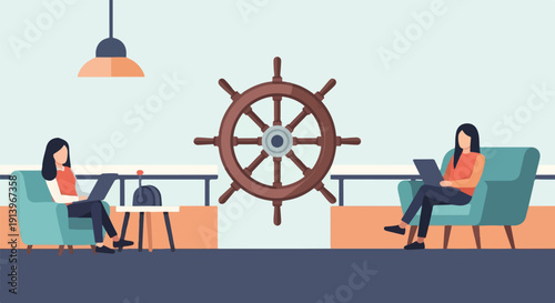 Two people work remotely near a ship's wheel in a stylish room