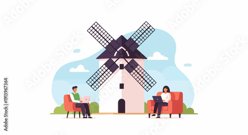 Two people work remotely near a windmill under a cloudy blue sky