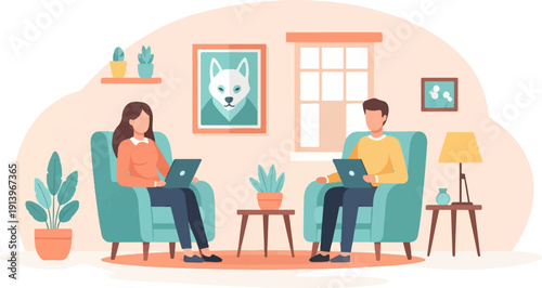 Two people work remotely on laptops from comfortable chairs in a cozy room