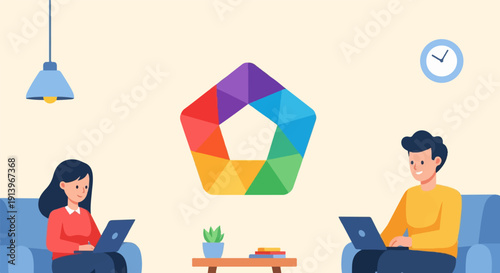 Two people work remotely on laptops at home, with a colorful geometric shape