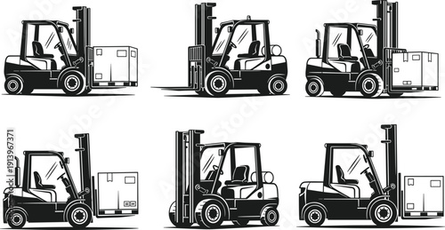 Forklift truck silhouette set showing warehouse loading, lifting pallets, and industrial material handling operations, black vector illustration collection isolated on white background for logistics 
