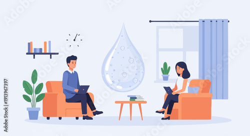 Two people work remotely on laptops in a living room with a giant water drop