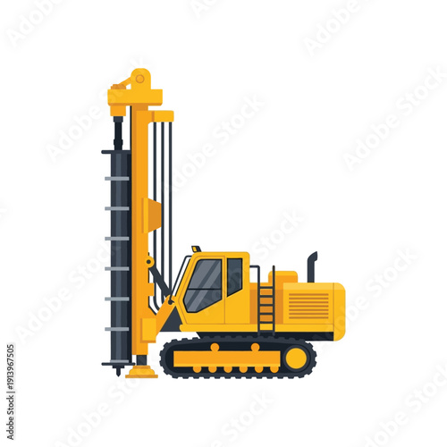Yellow drilling rig illustration, heavy construction machinery on tracks. Equipment for ground preparation, pile driving, and foundation work in industrial and engineering projects