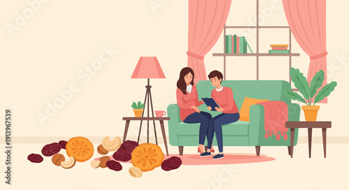Two people review a document while seated on a sofa with assorted dried fruits