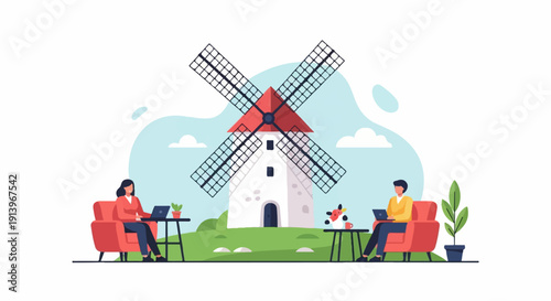 Two people work remotely outdoors near a windmill with red chairs and laptops