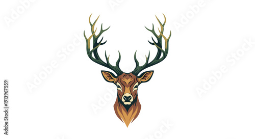 A pixel art illustration of a deer head with prominent antlers, facing forward in a detailed frontal view.