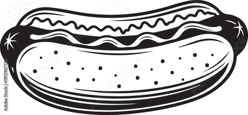 Black and white illustration of a hot dog with mustard and relish