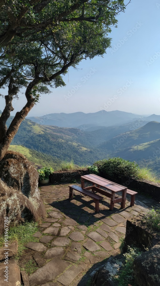 Fototapeta premium Scenic viewpoint with picnic table in nature