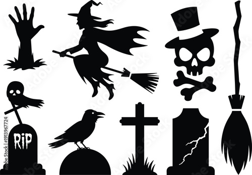 Halloween silhouette collection witch flying broom skull gravestone crow cross spooky horror clipart set vector icons black isolated flat illustration, flat vector illustration