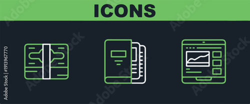 Set line Trading courses, Stacks paper money cash and Office folders icon. Vector