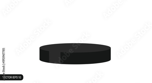 A low, dark gray and black cylindrical podium with a subtle vertical cut on its side stands flat on a white background.