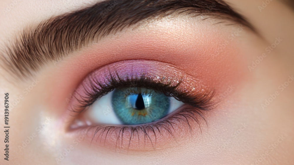 Obraz premium Close up of a beautiful womans eye with vibrant pink and purple eyeshadow and long lashes.
