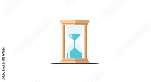 Modern hourglass with a light wooden frame and vibrant blue sand flowing inside on a clean white background
