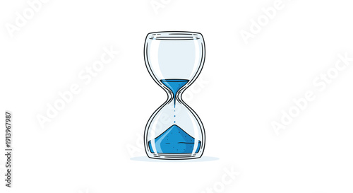 Classic transparent glass hourglass with blue sand flowing from top to bottom on a clean white background