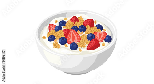White bowl filled with creamy yogurt topped with fresh strawberries, blueberries, and golden granola on a clean background