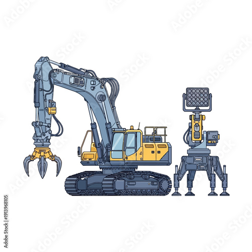 Heavy Duty Excavator with Grapple and Mobile Lighting Tower