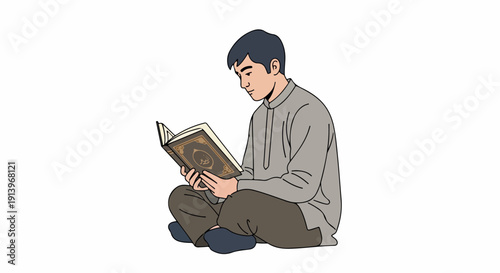 Illustration of a man sitting cross-legged reading a book with a simple and calm mood against a white background.