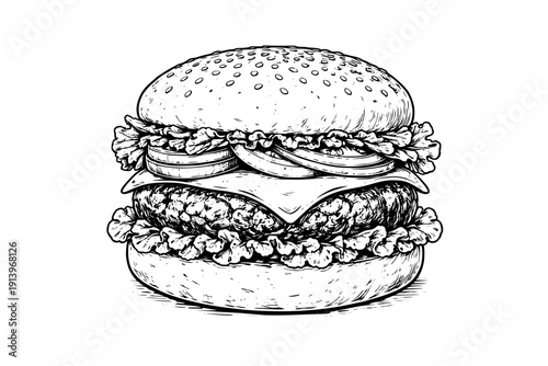 Detailed burger illustration in sketch style. Black and white fast food vector isolated for menu and packaging design.