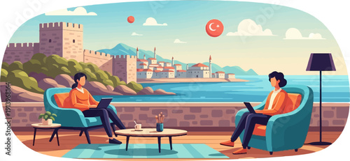 Two people work remotely with laptops on comfortable chairs overlooking a coastal town