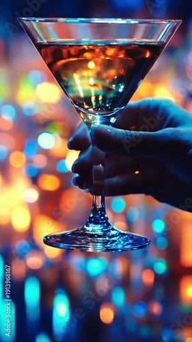 Elegant Female Hand Raising a Martini Glass for a Toast. Luxury Atmosphere: Vermouth Glass in a Manicured Hand.