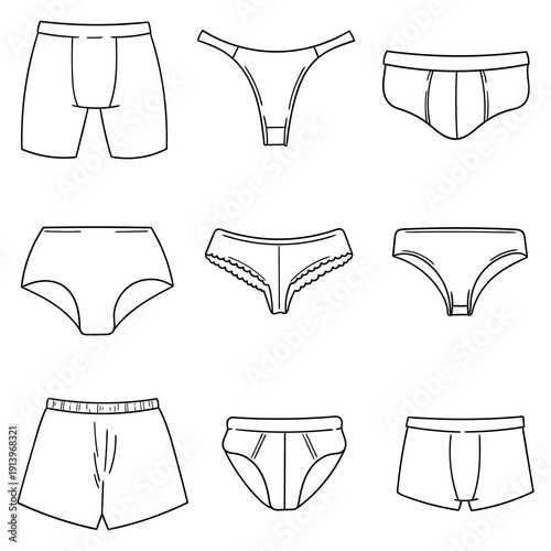 Hand-drawn doodle set of men's and women's underwear on a white background.