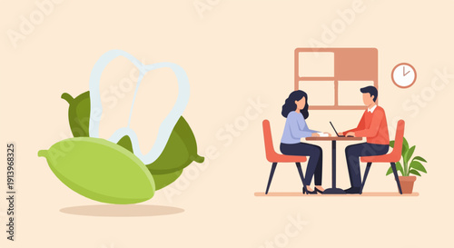 Two people working at a table next to a plant and a large white tooth with green pods