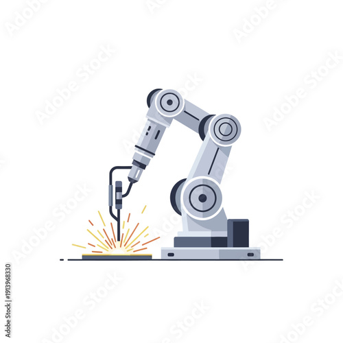 Industrial robot arm performing welding on metal surface with sparks