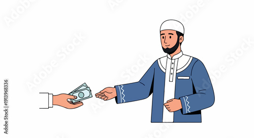 Illustration of a man in traditional attire handing over banknotes to an outstretched hand against a plain white background.