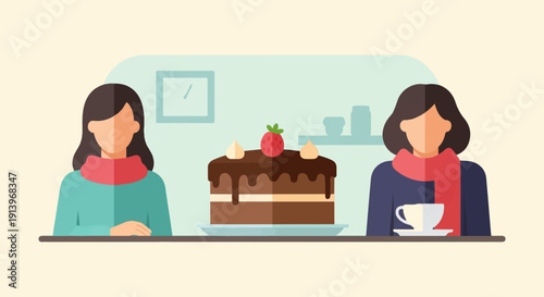 Two people sharing a chocolate cake and coffee in a cozy setting