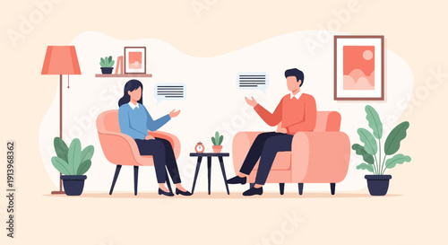 Two people talking in a room with plants and artwork